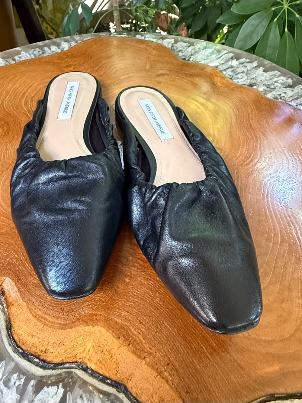 Saks Fifth Avenue Black Leather Gathered Slip-On Mules